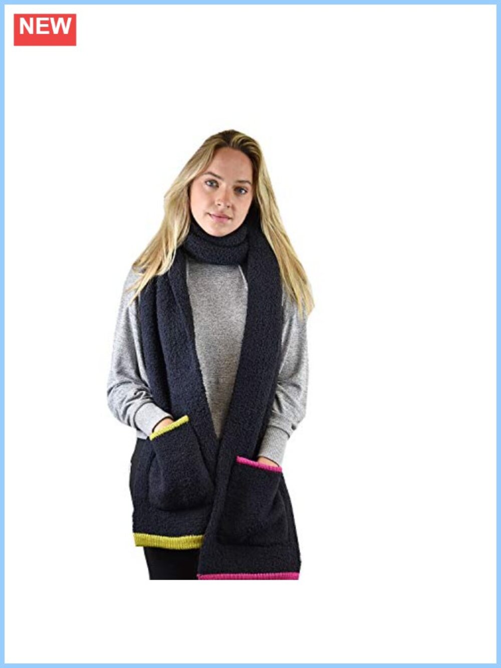 Sherpa Knit Pocket Extra Long Shawl Scarf 88"x11" Warm Winter Wrap